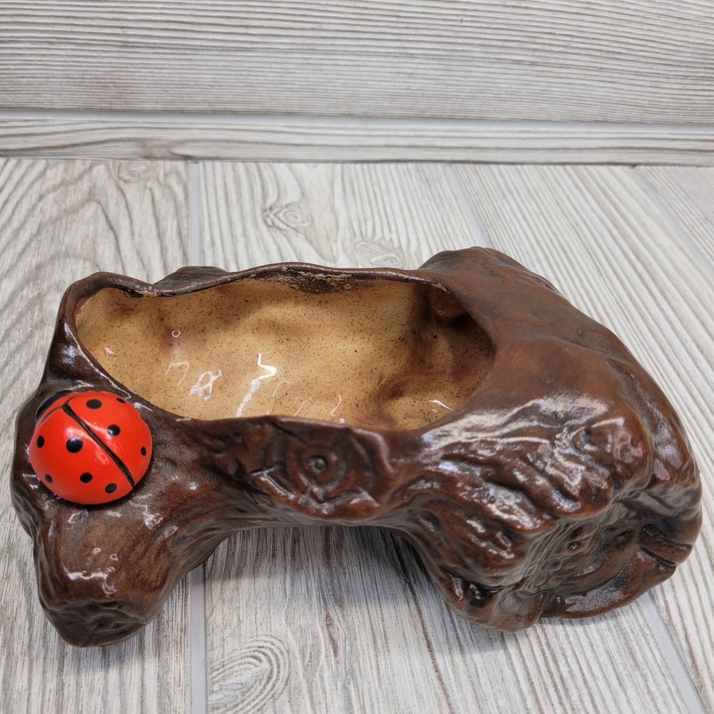 Ceramic Log Succulent Planter‎ Pot Ladybug Hand Painted Rustic Granola Girl Vtg